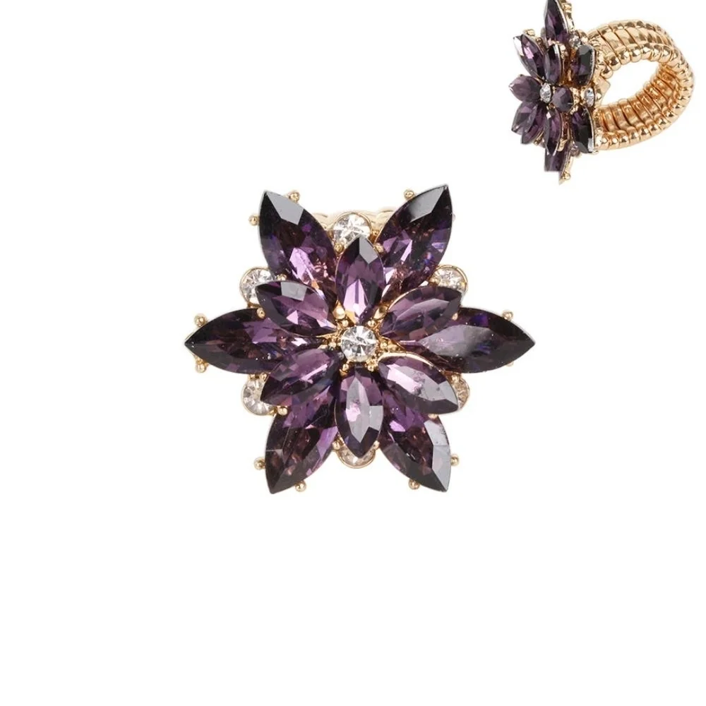 Magenta Purple Rhinestone Crystal Flower Stretch Cocktail Ring